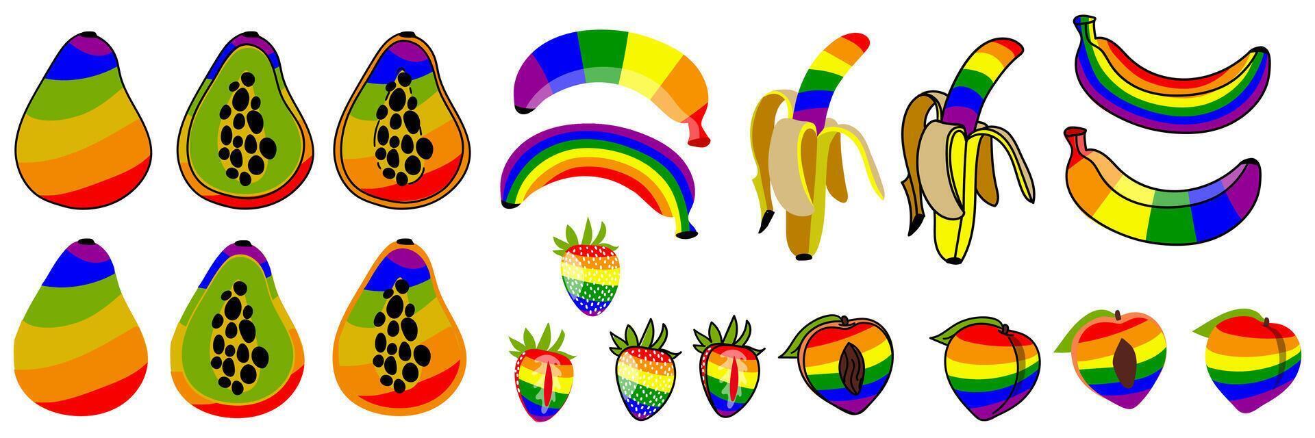 A set of fruits painted in all colors of the rainbow, with and without contour. Peach, banana, papaya, strawberry. Multicolored fruits are whole and halves in LGBT colors. Suitable for website, blog vector