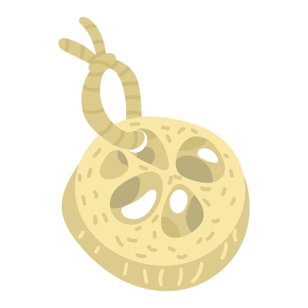 Natural loofah washcloth with a textured fibrous surface in light color with a rope. Washcloth is a natural and eco-friendly alternative to synthetic sponges. Environmental illustration, no plastic vector