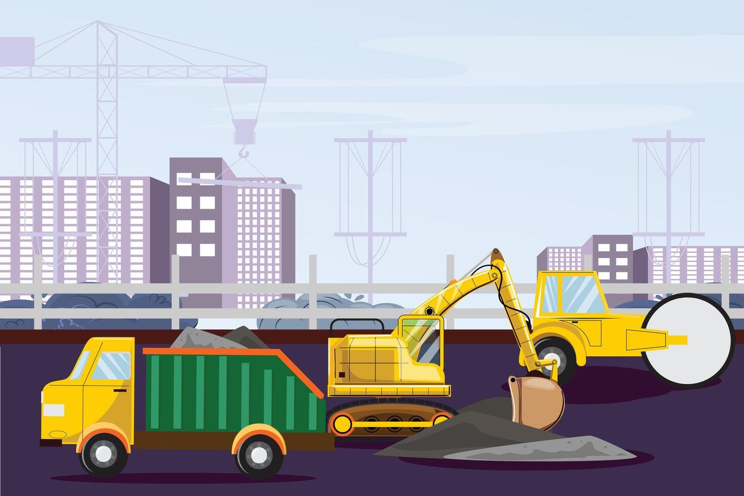 Truck, excavator, and roller working on road construction, with high buildings, crane and clear sky on the background vector