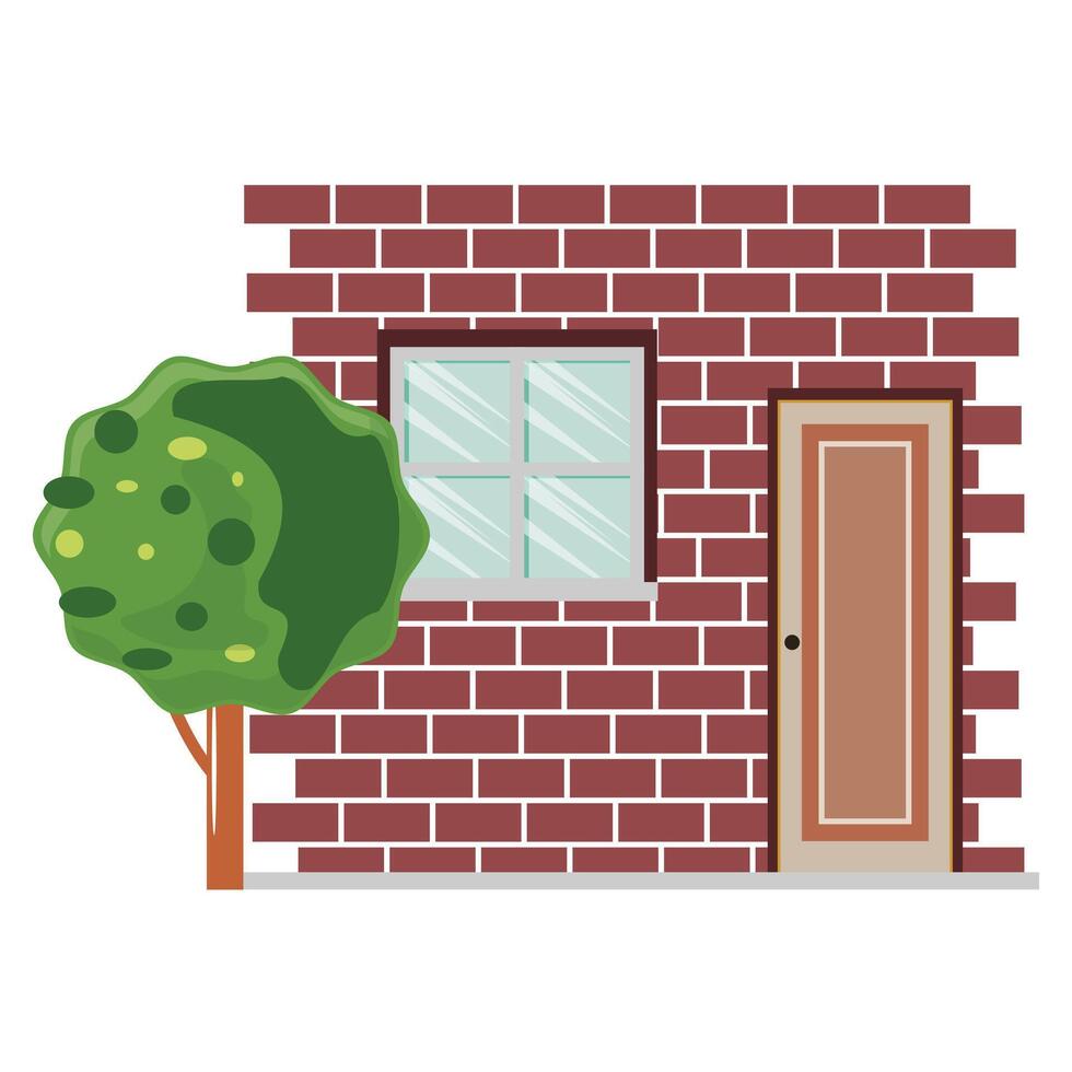 Outdoor illustration of brick dark wall, window, door, and tree vector