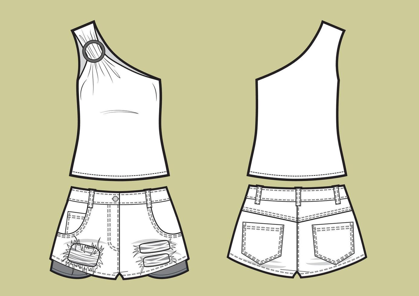 Set of summer clothes for women. Asymmetric top and jeans shorts. vector