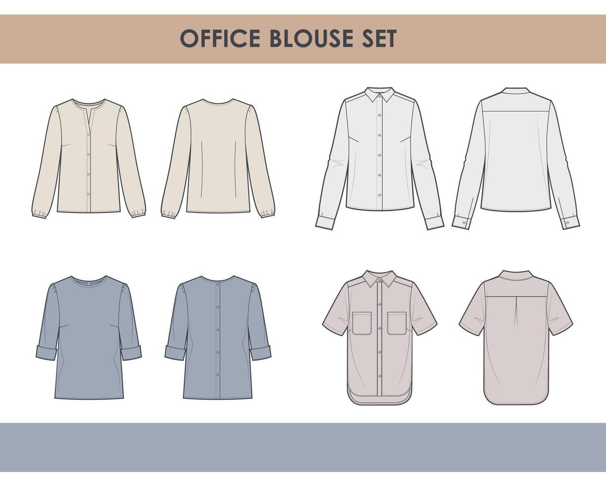 Office collection of blouses for woman. Basic set of technical sketches. vector