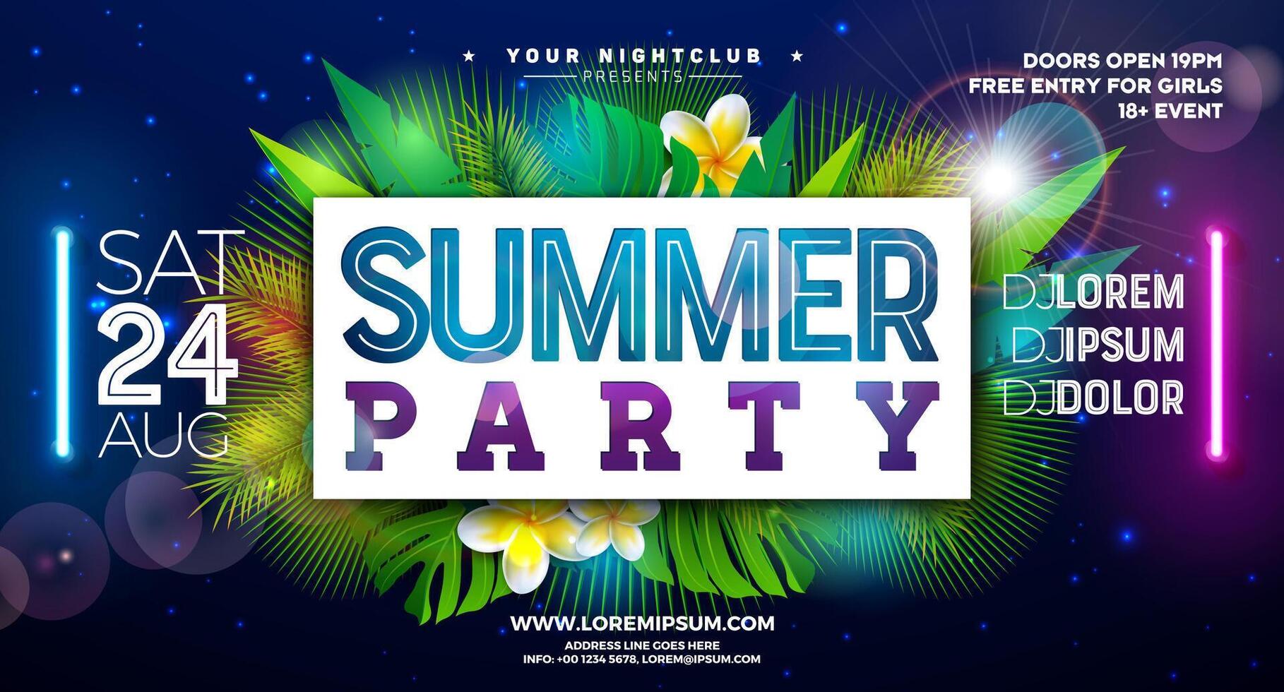 Summer Party Banner Design Template with Glowing Neon Light on Fluorescent Tropic Leaves Background. Summer Celebration Holiday Illustration for Banner, Flyer, Invitation or Celebration Poster. vector