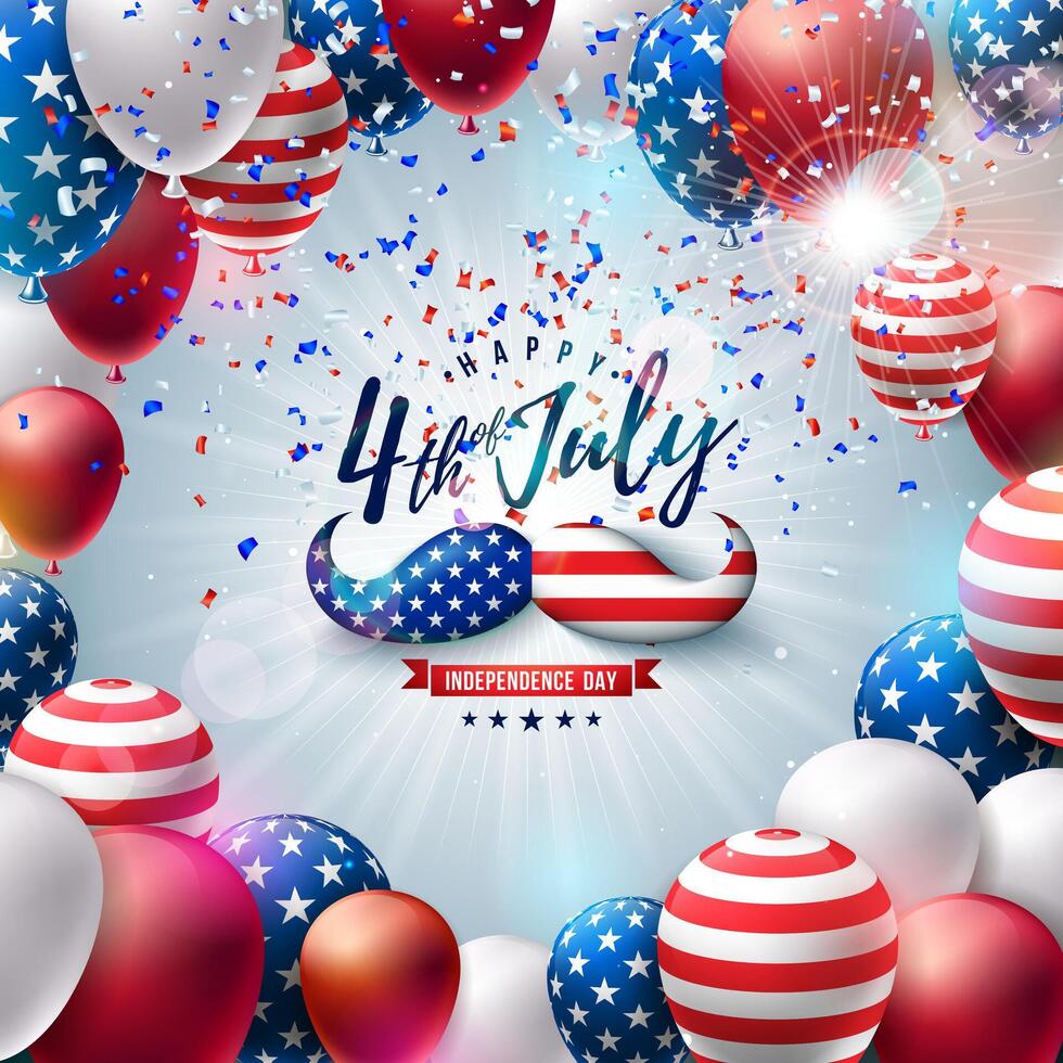 4th of July Independence Day of the USA Illustration with Mustache. American Flag Pattern Party Balloon and Falling Confetti on Dark Blue Background. Fourth of July National Celebration Design vector