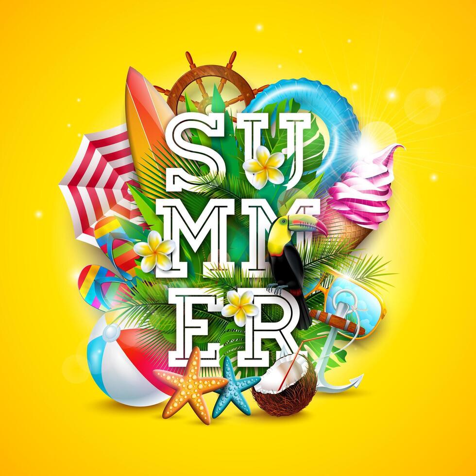 Summer Holiday Banner Design with Colorful Beach Elements and Typography Lettering on Sun Yellow Background. Flower, Tropical Plants and Sunshine for Flyer, Invitation, Brochure, Poster or Greeting vector