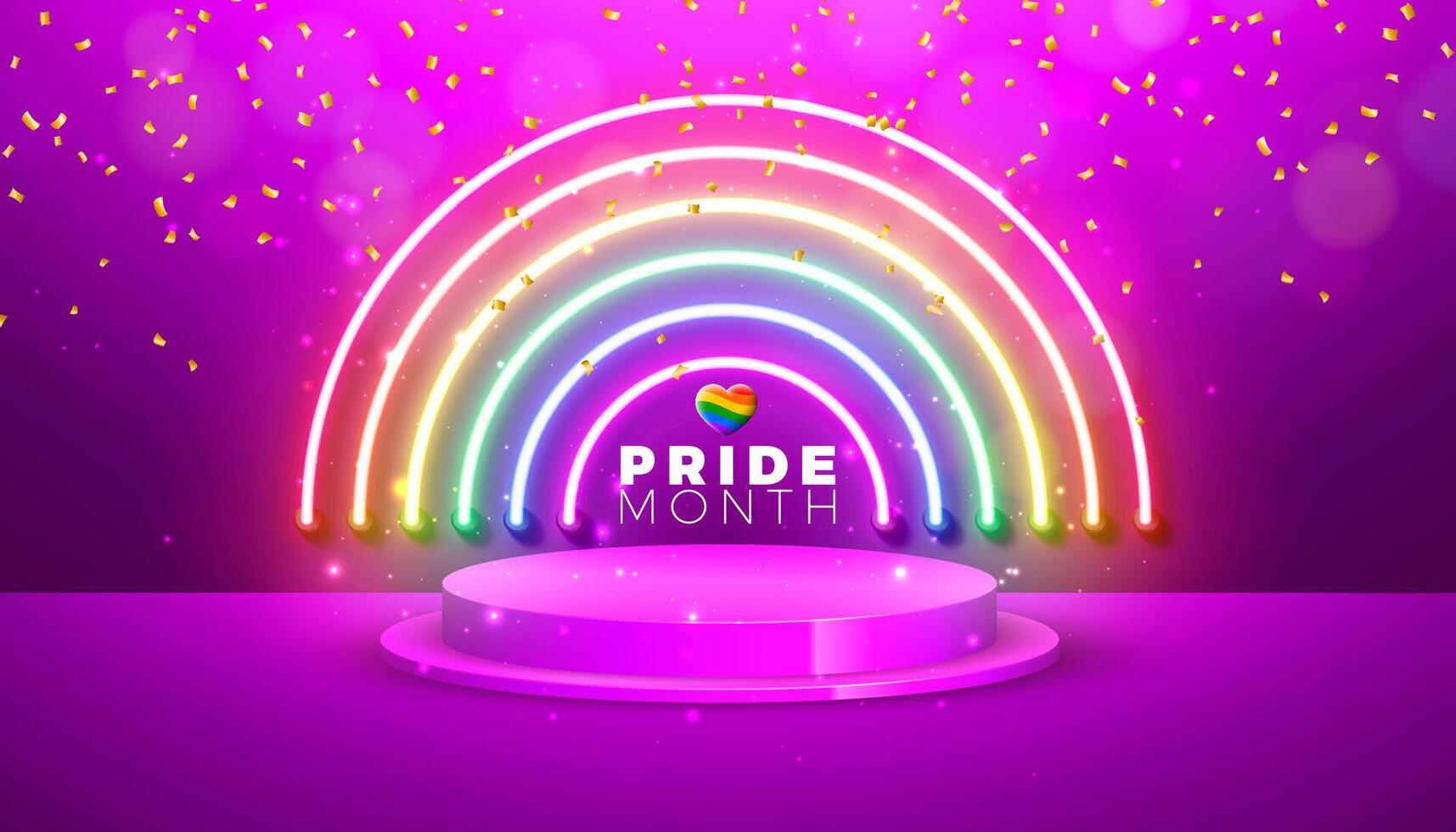 Pride Month LGBTQ Illustration with Glowing Rainbow Neon Light and Podium on Falling Confetti Background. Be Kind LGBT Event Banner Design for Postcard, Banner, Greeting Card, Flyer, Invitation vector