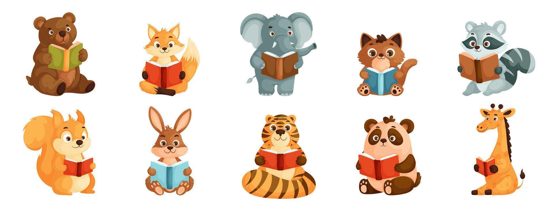 A set of cartoon animals reading books vector