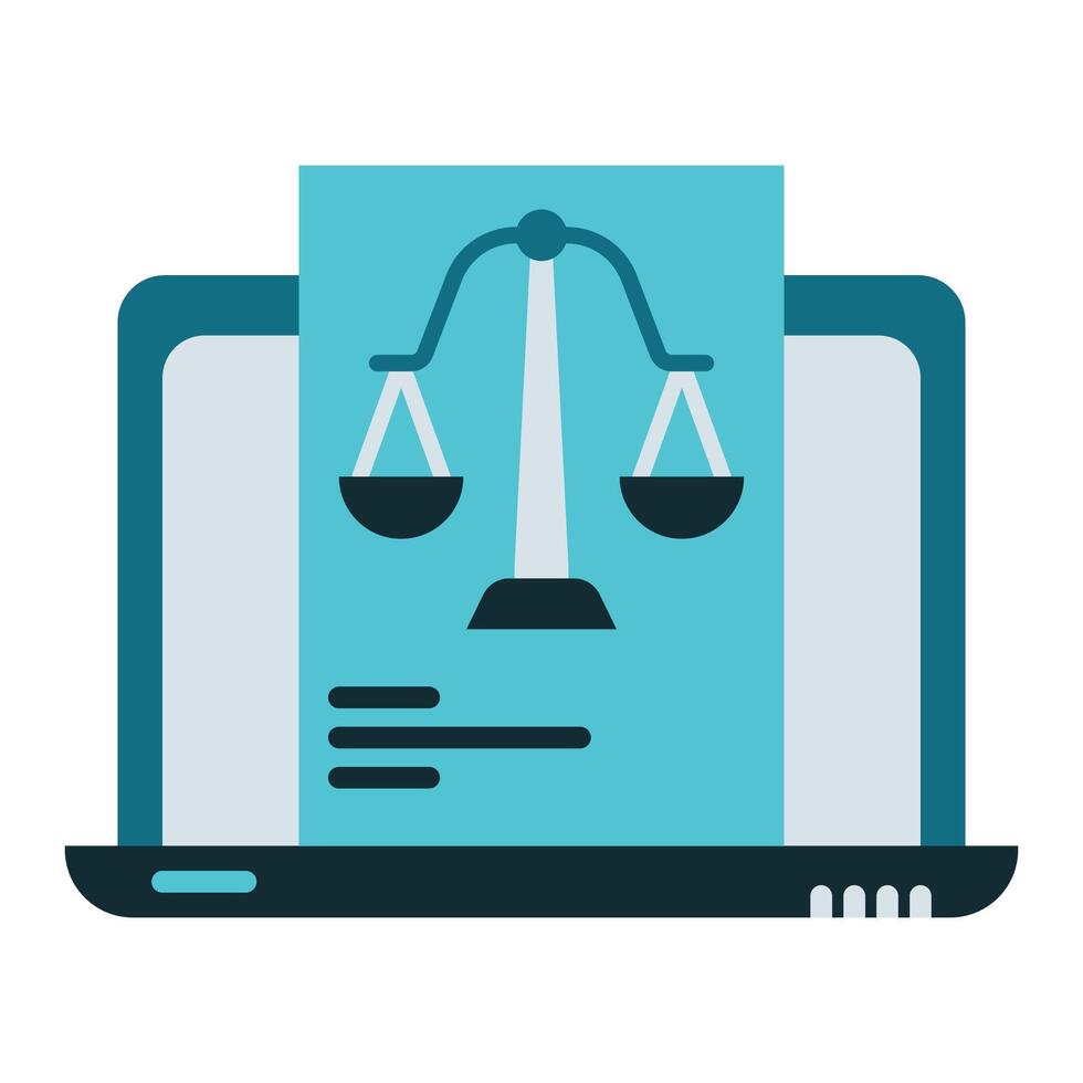 laptop and justice scale icon, judge and court tools icon vector