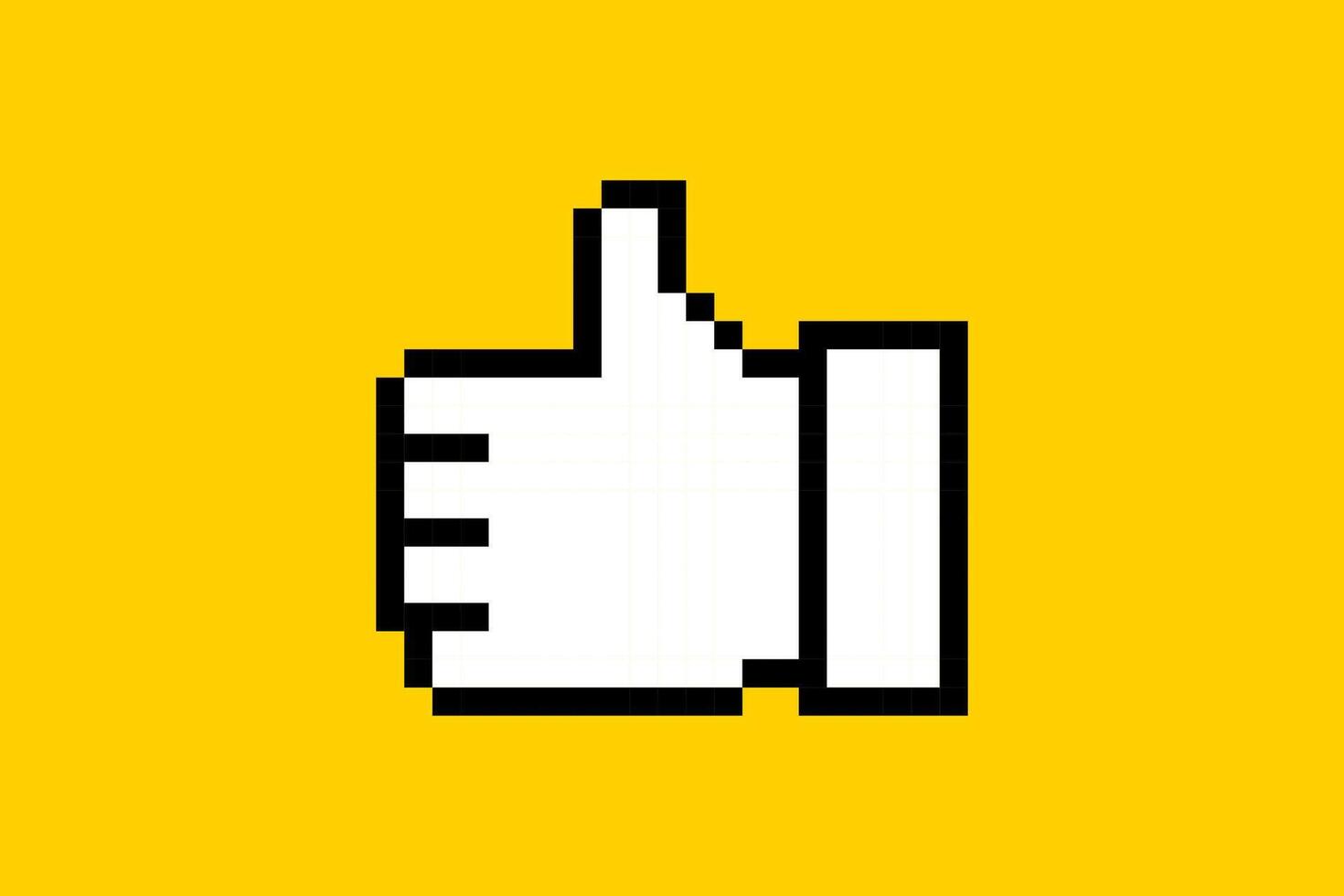 Cute sticker for social networks in pixel style. Call-To-Action icon with like hand. 8 bit element on a yellow background, button for blog. vector