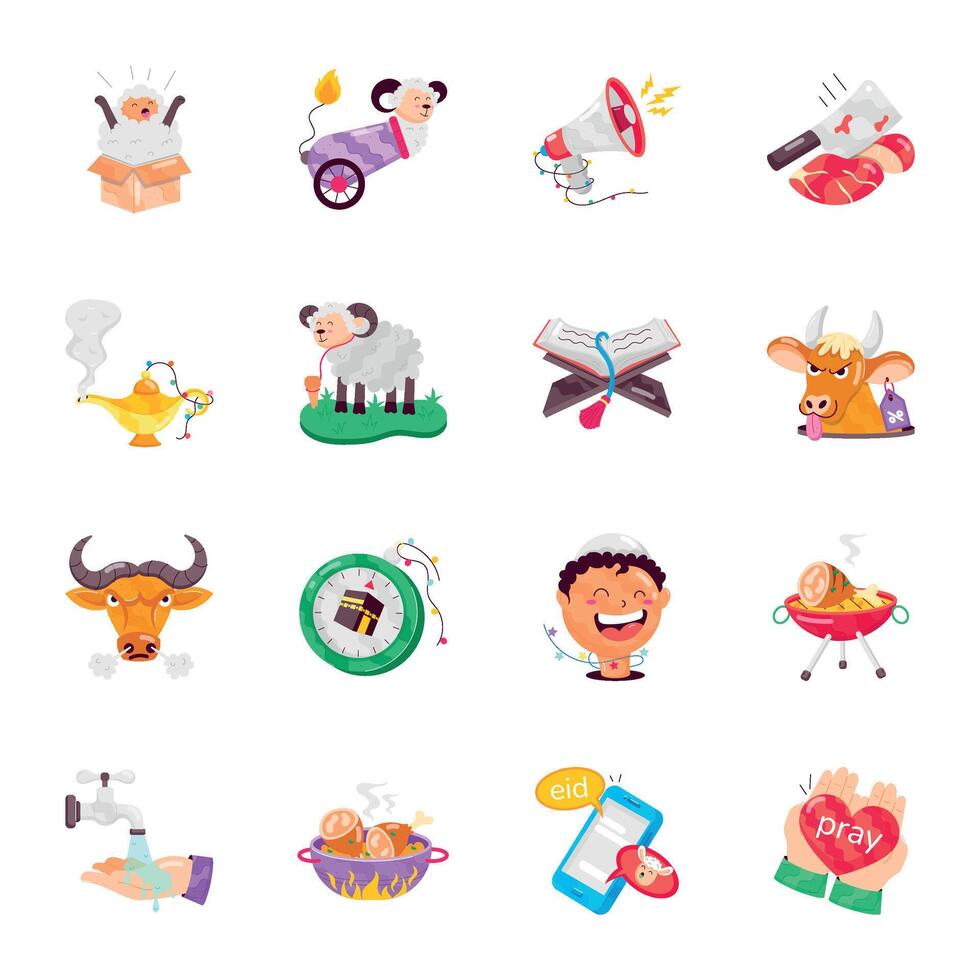 Eid and Hajj Rituals Flat Stickers vector