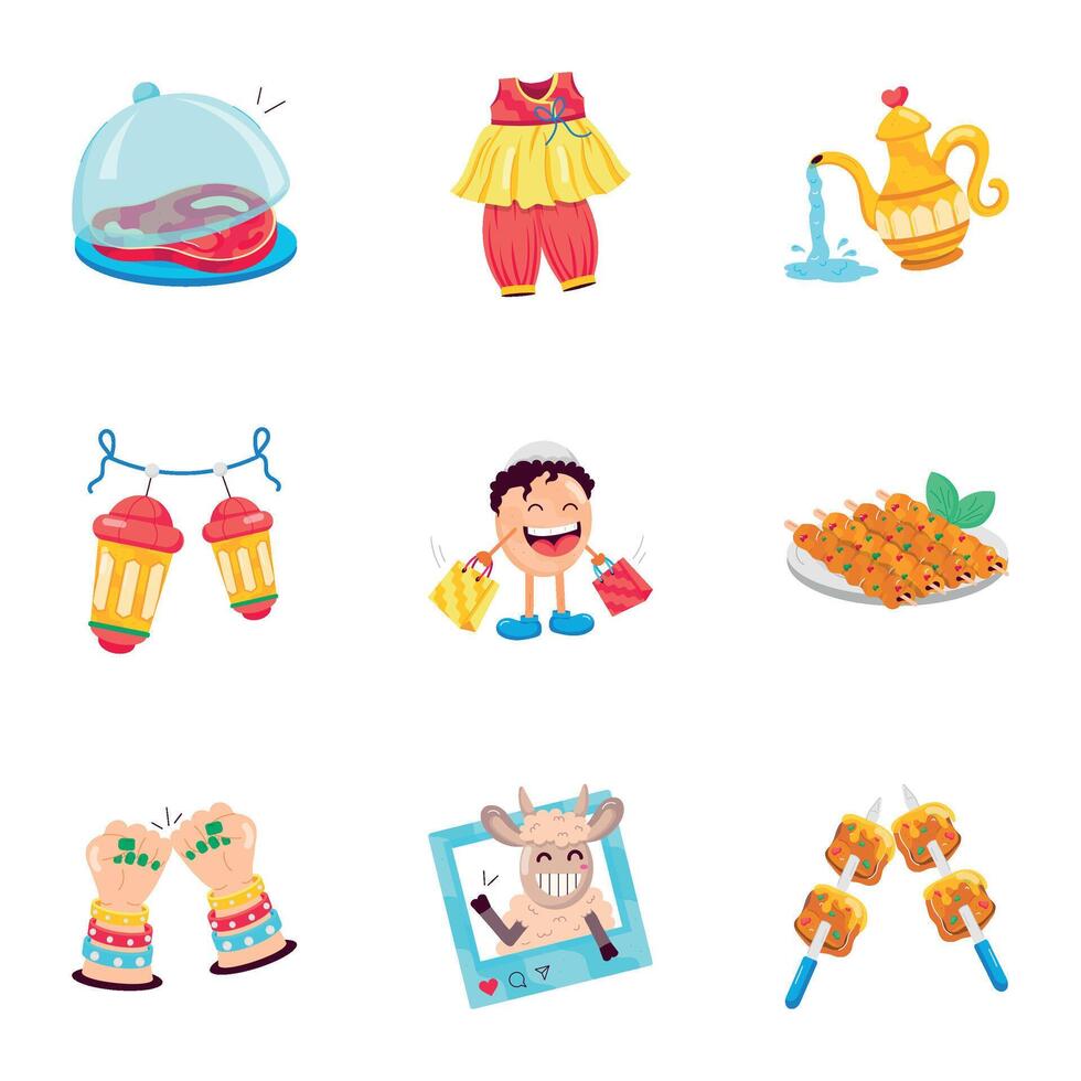 Eid and Hajj Rituals Flat Stickers vector