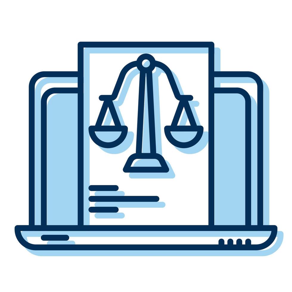 laptop and justice scale icon, judge and court tools icon vector