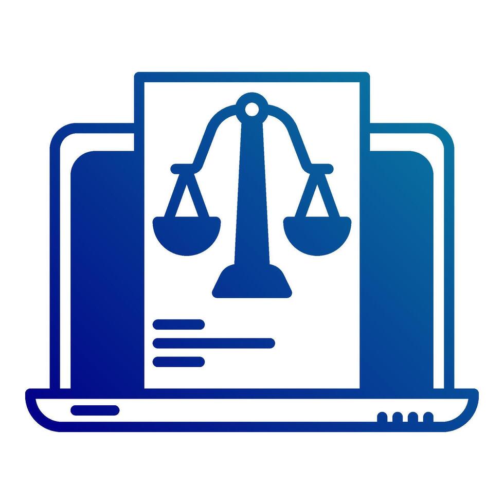 laptop and justice scale icon, judge and court tools icon vector