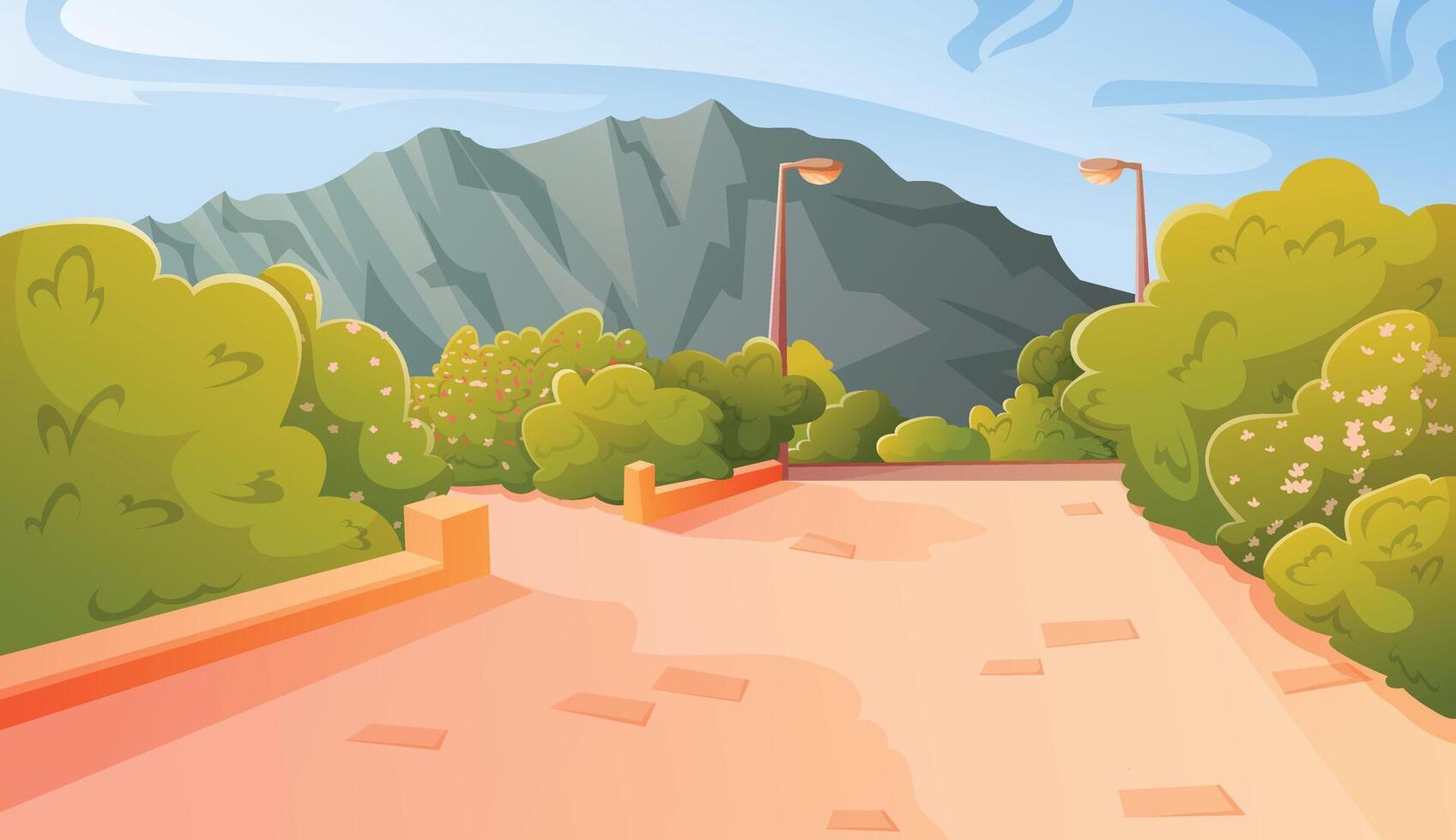 cartoon horizontal natural landscape. Summer day, green flowering bushes along the road and mountains in the background. vector