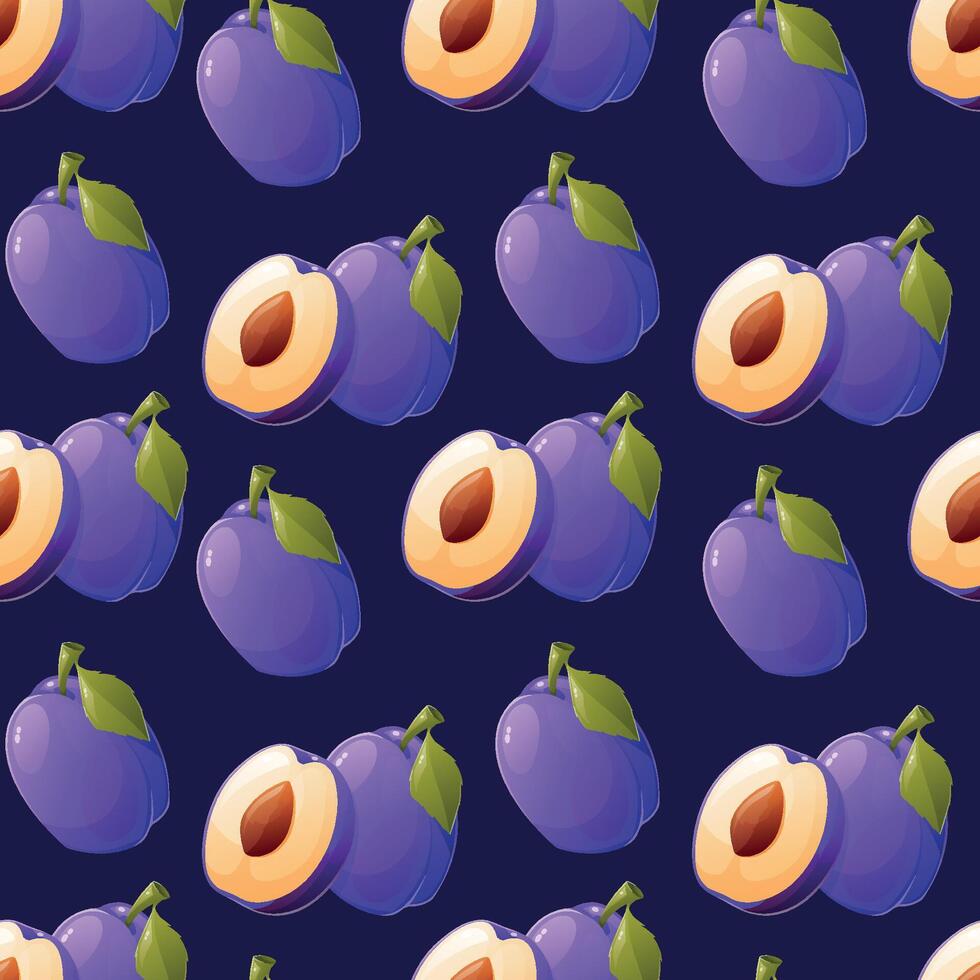 Ripe purple whole plum, and half of the fruit with a pit. seamless cartoon pattern. vector