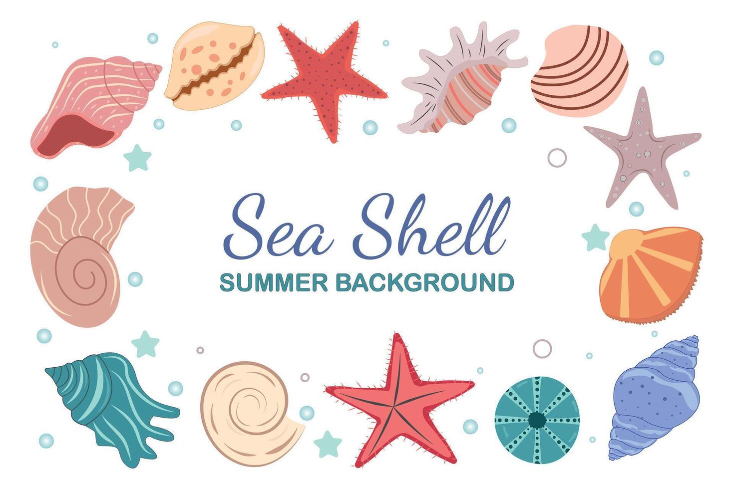Frame with decorative seashells and starfish. Wreath with sea elements and place for text. Banner template for greeting cards and invitations. Undersea world. Marine background. vector