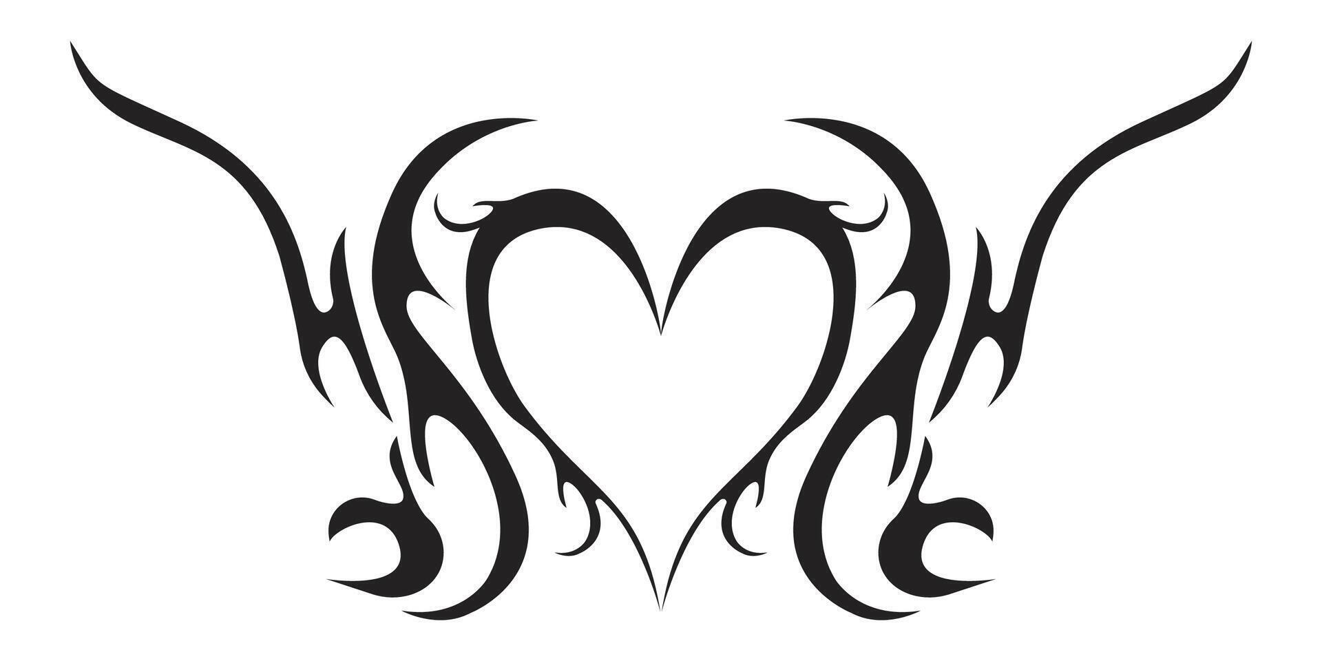 Neo tribal heart y2k aesthetic tattoo gothic cover, fire or wings abstract silhouette isolated on background. Divider, border, cyber body ornament, neotribal web goth decoration vector