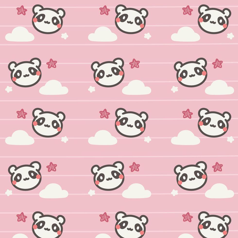 Kawaii Cute Pattern with Pandas and Clouds on Pink Background vector