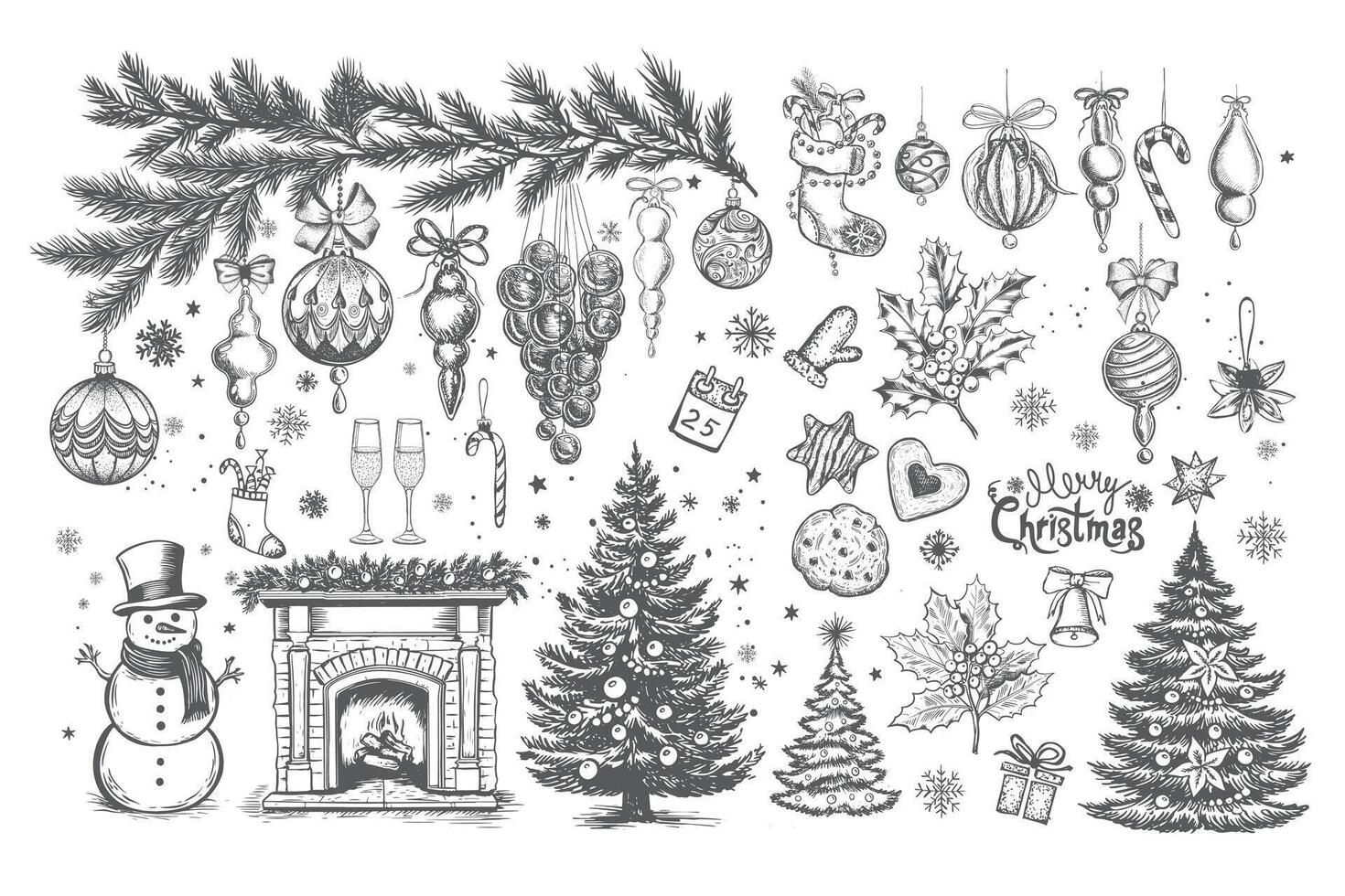 Christmas set in sketch style. Hand drawn illustration. vector