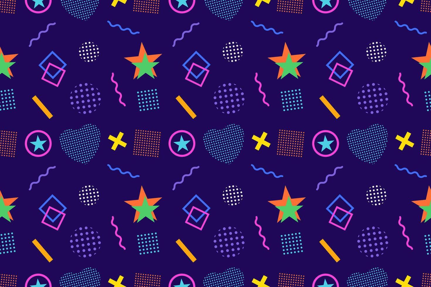Vibrant Memphis-style seamless pattern with geometric shapes, stars, hearts, and squiggly lines. Perfect for textiles, wallpapers, and digital designs vector