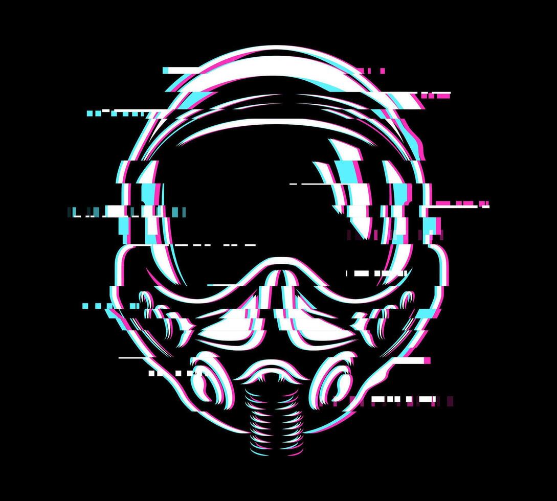 Pilot helmet glitch, retro cyberpunk 80s style vector