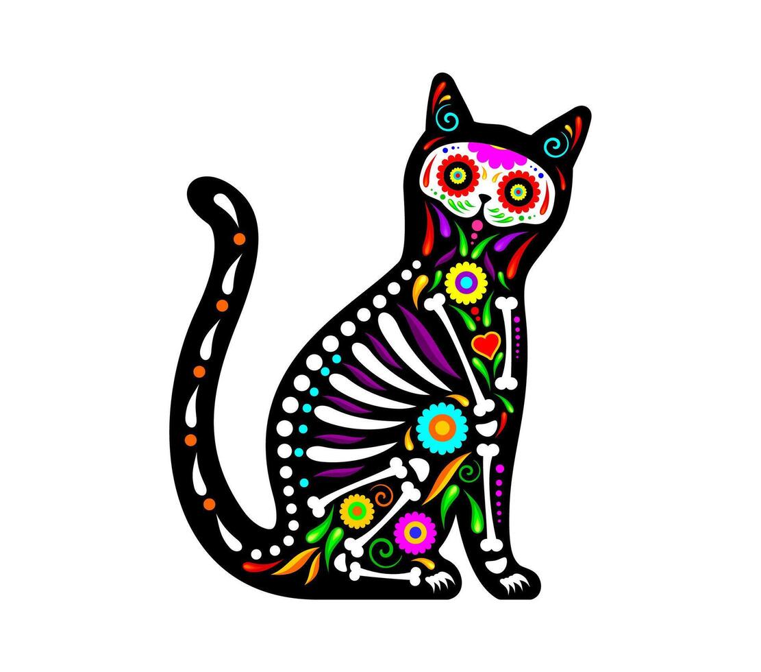 Mexican cat animal tattoo, day of the dead vector