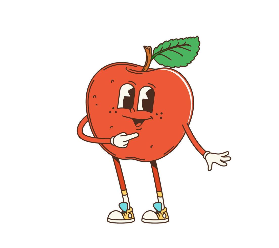 Retro groovy red apple character with hippie vibe vector