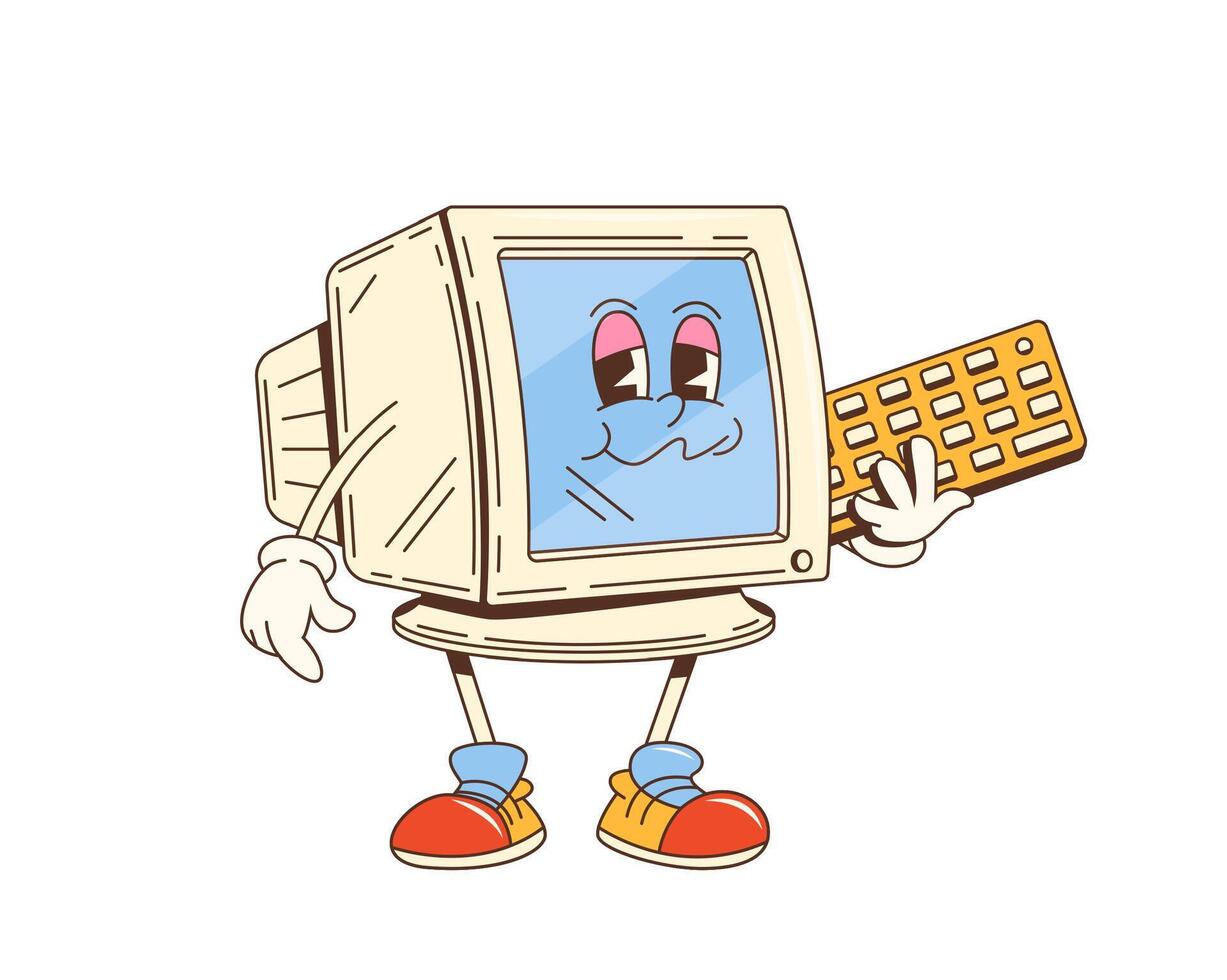 Cartoon groovy computer pc monitor character vector