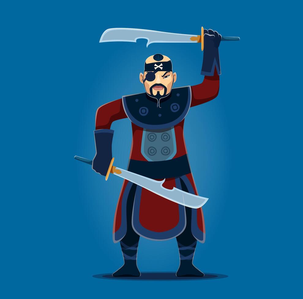 Cartoon Asian pirate corsair character with blades vector