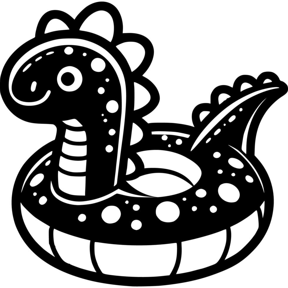 Inflatable lifebuoy ring with head dinosaur in monochrome. Teaching of child to swim. Simple minimalistic in black ink drawing on white background vector