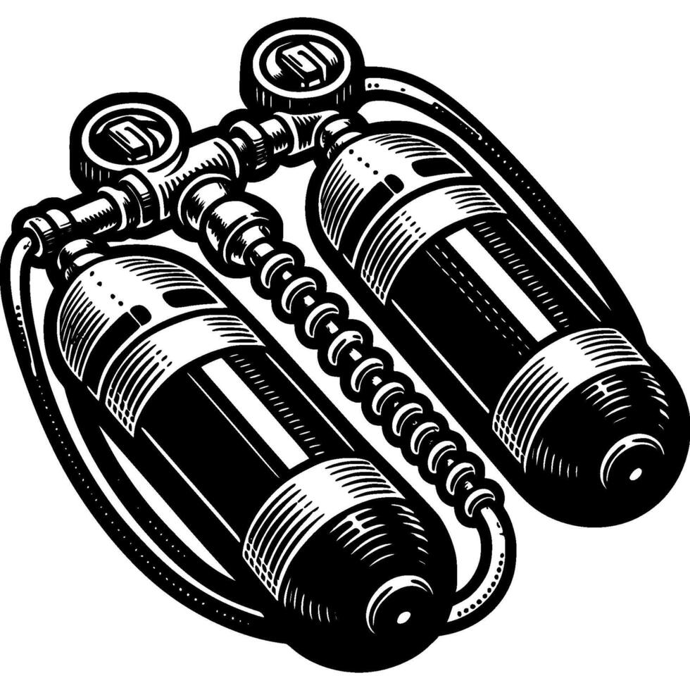 Dual oxygen diver cylinder in monochrome. Spearfishing equipment. Simple minimalistic in black ink drawing on white background vector