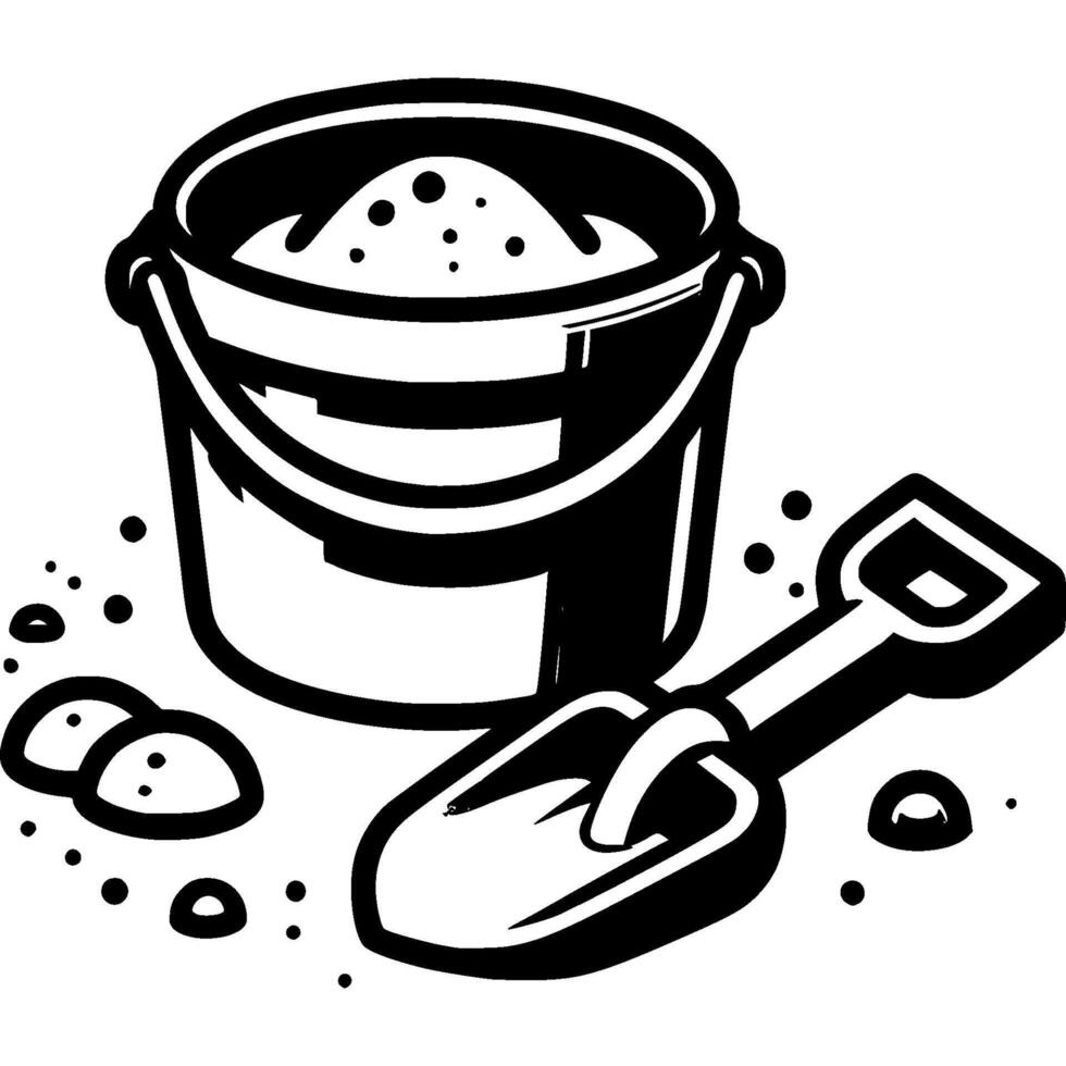 Children plastic shovel lies next to bucket filled with sand in monochrome. Simple minimalistic in black ink drawing on white background vector