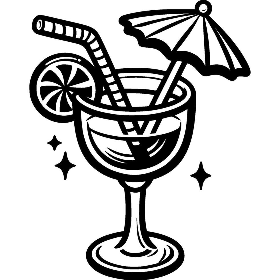 Cocktail glass with decorative umbrella and straw in monochrome. Tropical drink. Simple minimalistic in black and white drawing on white background vector