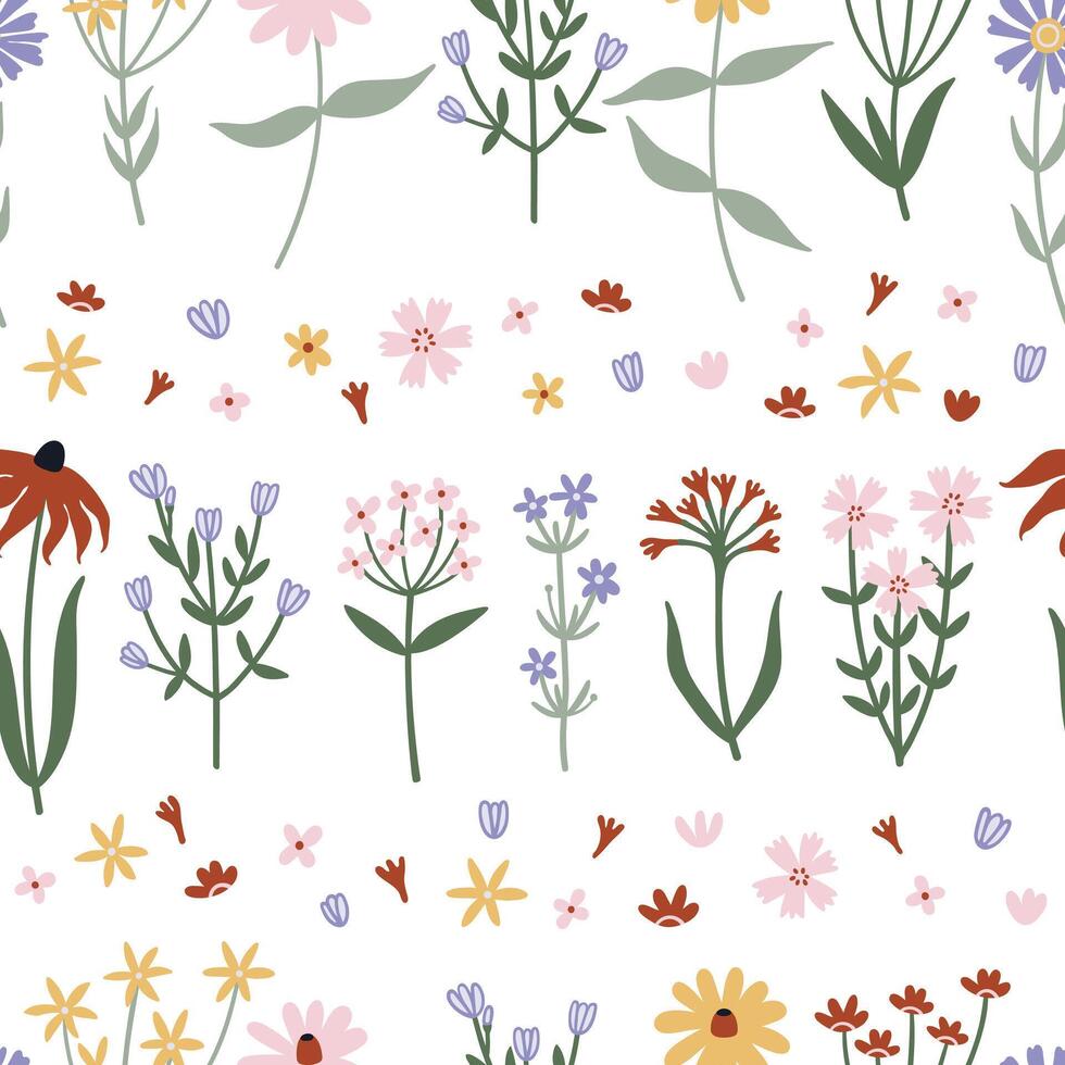 Simple wild flowers on white background seamless pattern vector