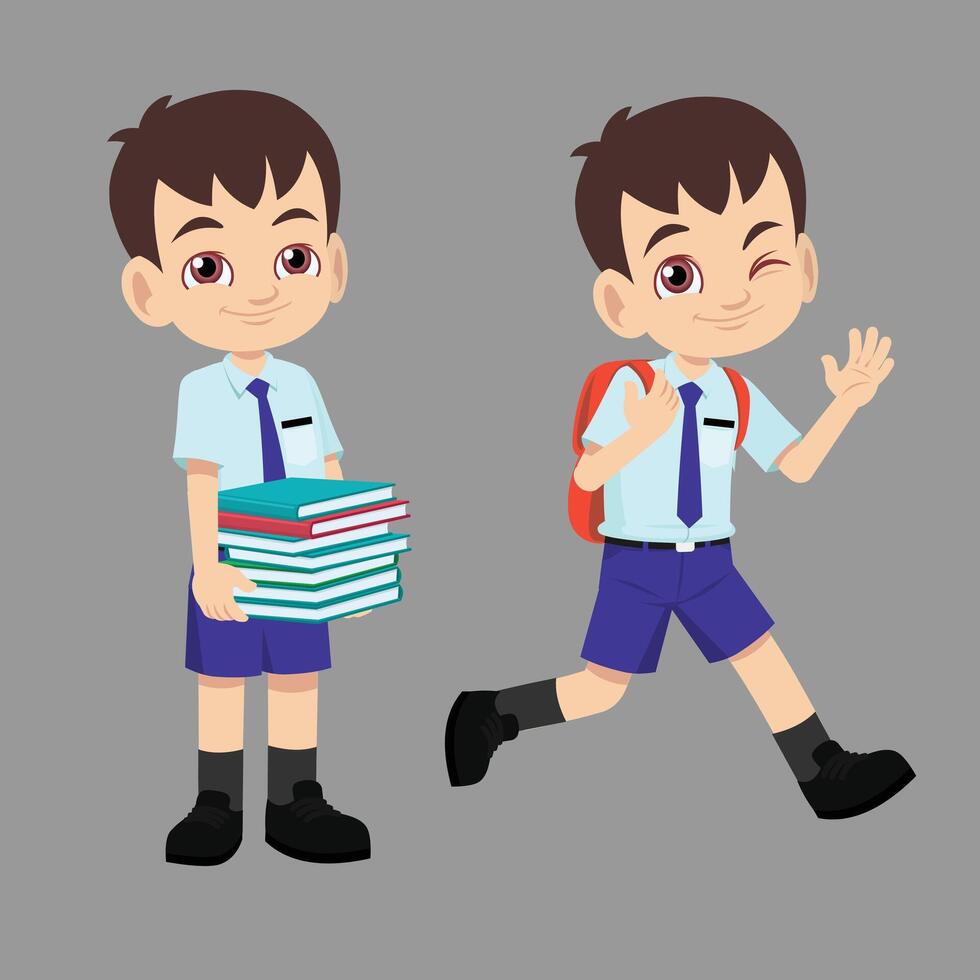Cute young student boy in school uniform going to school carrying bag and books vector