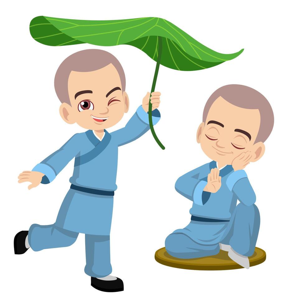 Cute little young Buddhist monk chill relaxing and joyful with holding big lotus leaf vector