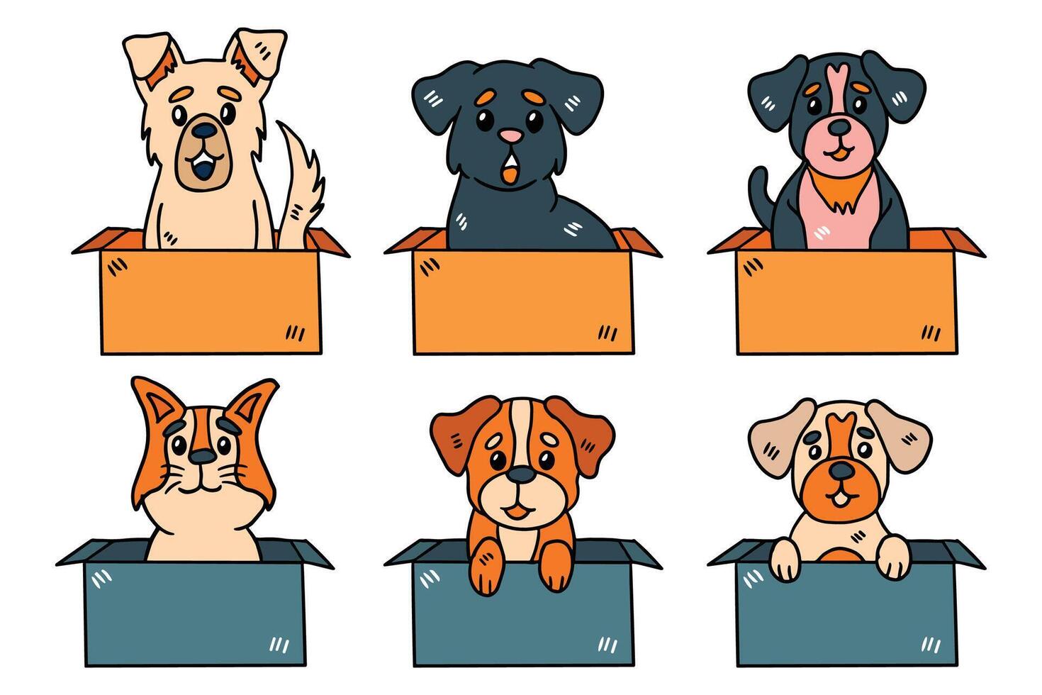 A set of six dogs are sitting in boxes with a blank sign in the middle vector