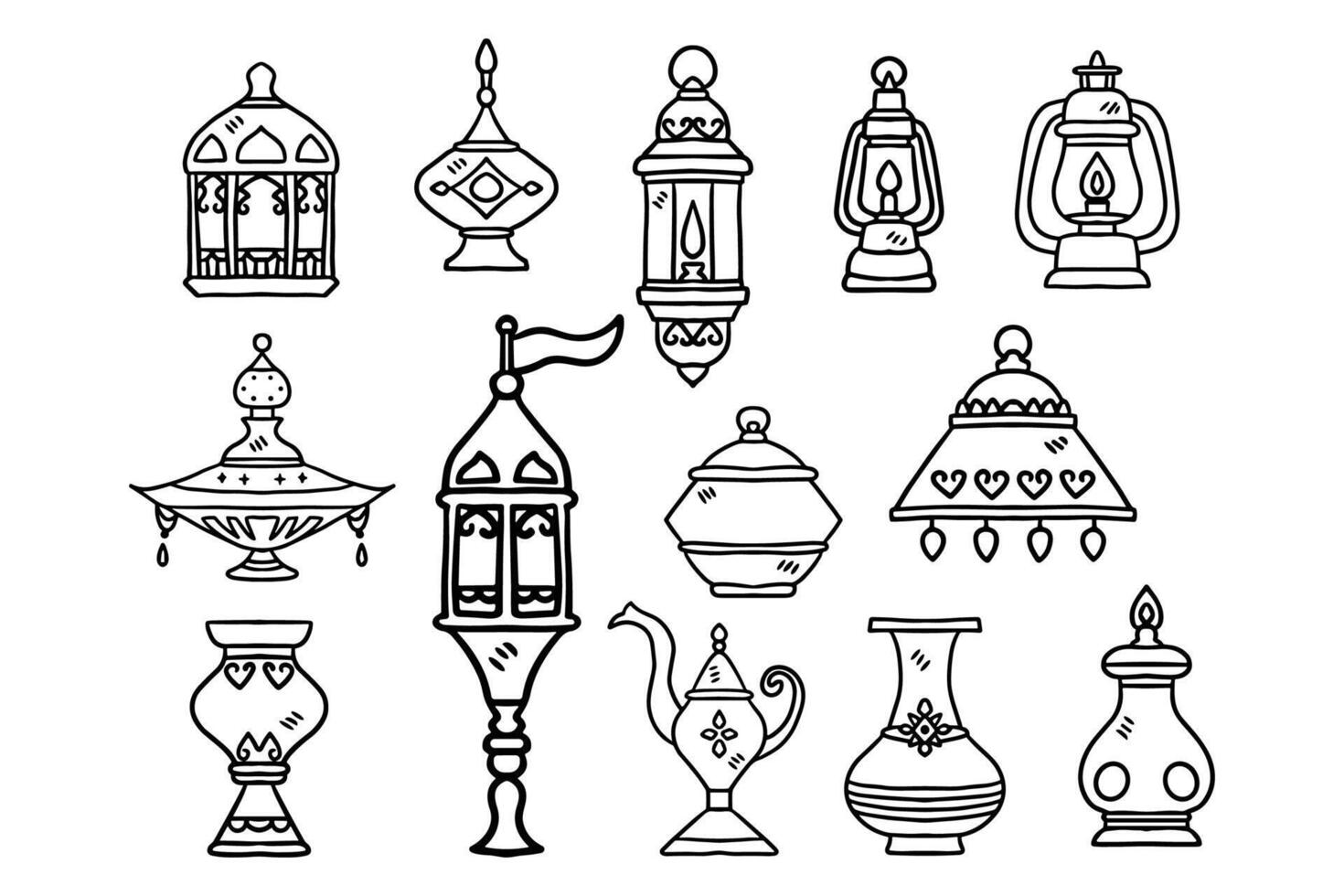 A set of black and white drawings of various lamps and vases vector