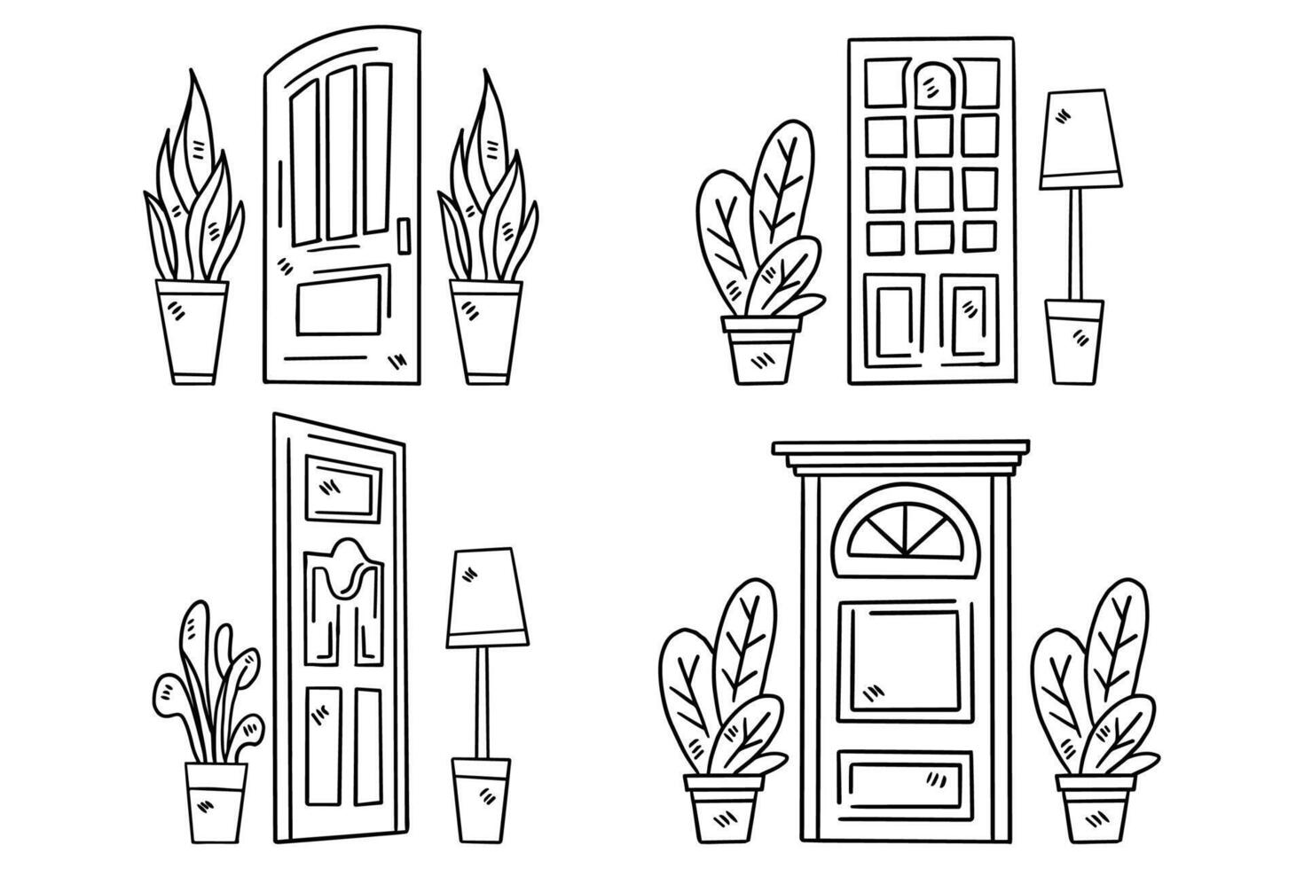 A series of doors with potted plants in front of them vector