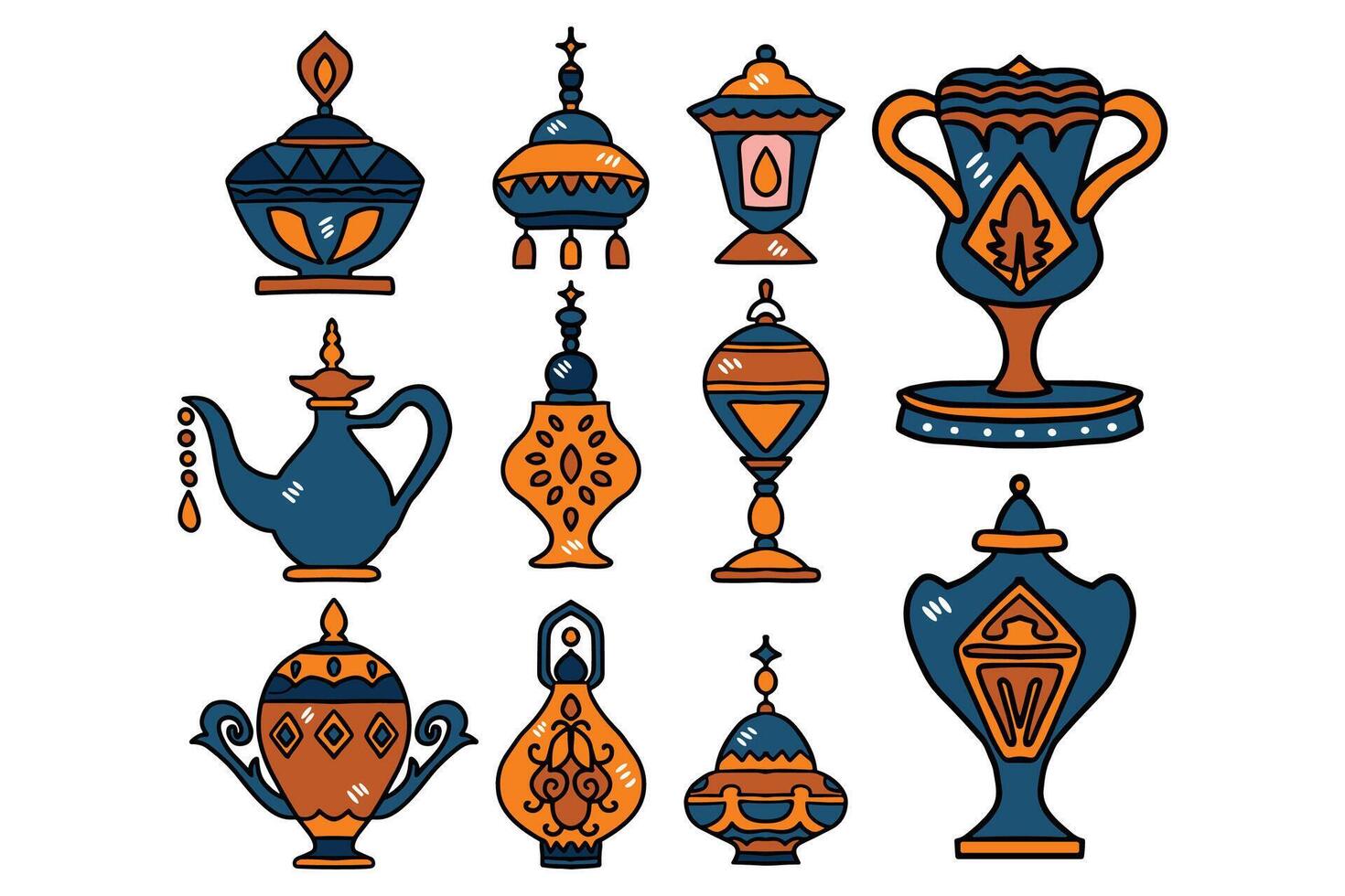A set of black and white drawings of various lamps and vases vector