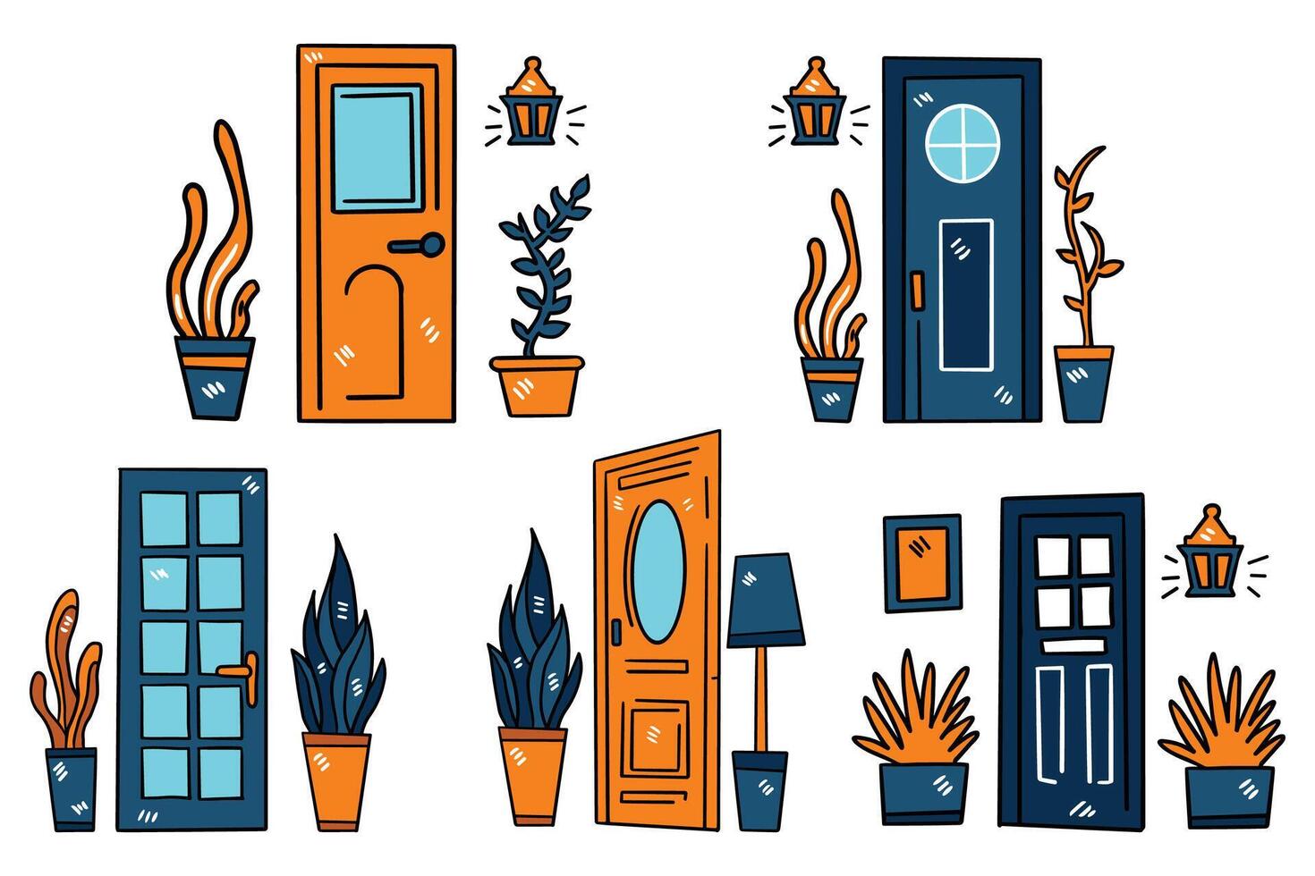 A series of doors with potted plants in front of them vector