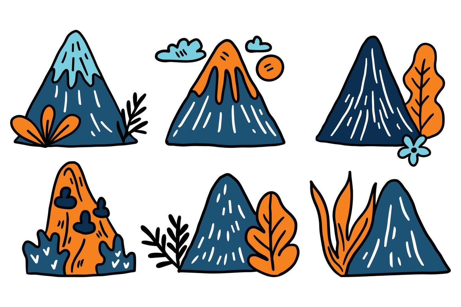 A set of six mountains with trees and flowers in the foreground vector