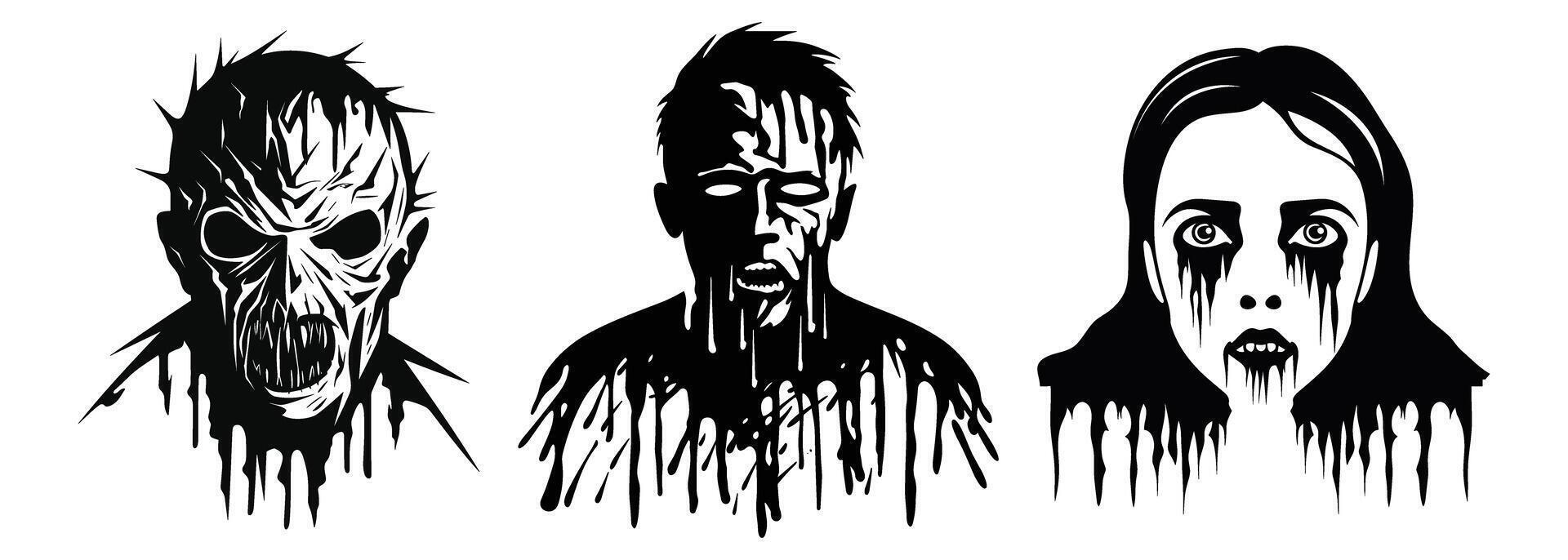 Set of Scary Zombie Faces Black Color Illustration vector