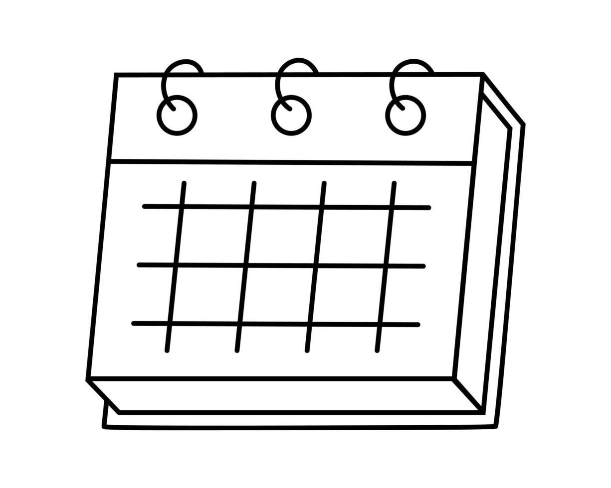 Hand drawn cute outline illustration of calendar. Flat timetable or schedule stationery page in line art doodle style. Planning or time management icon. Event deadline. Isolated on white. vector