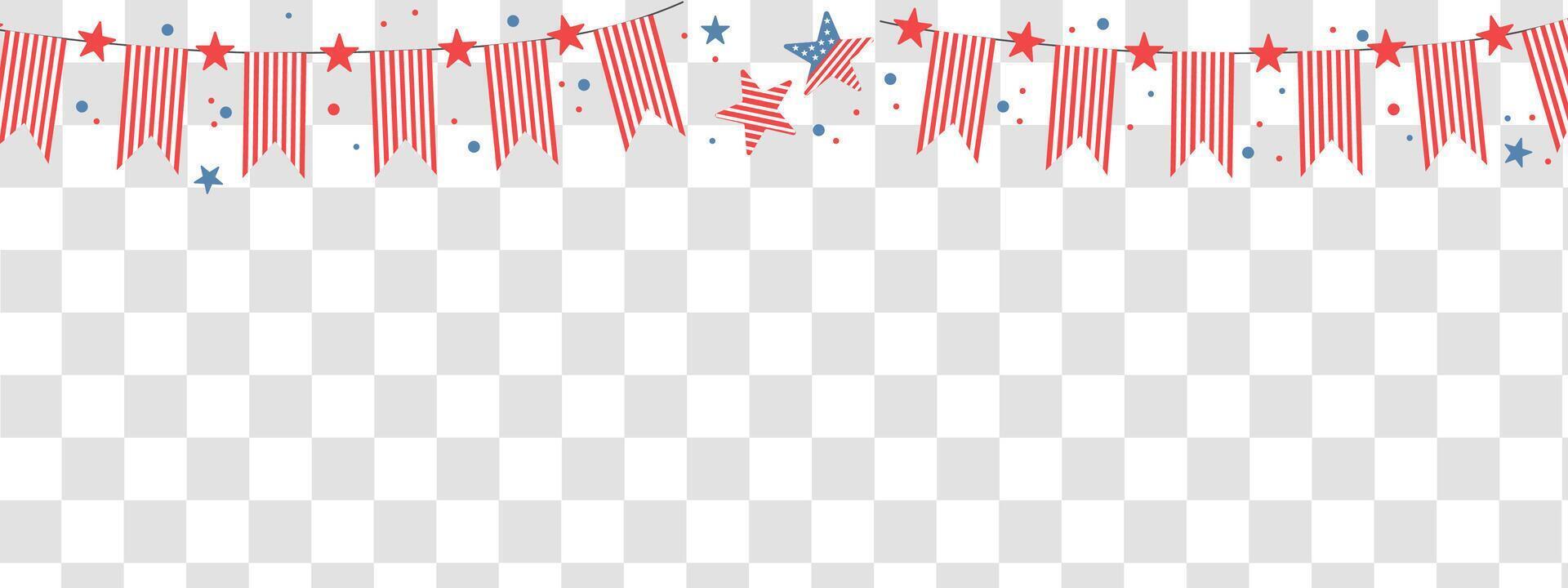 4th July background. Celebration long horizontal border with flags and stars. Handdrawn elements for independence day. vector