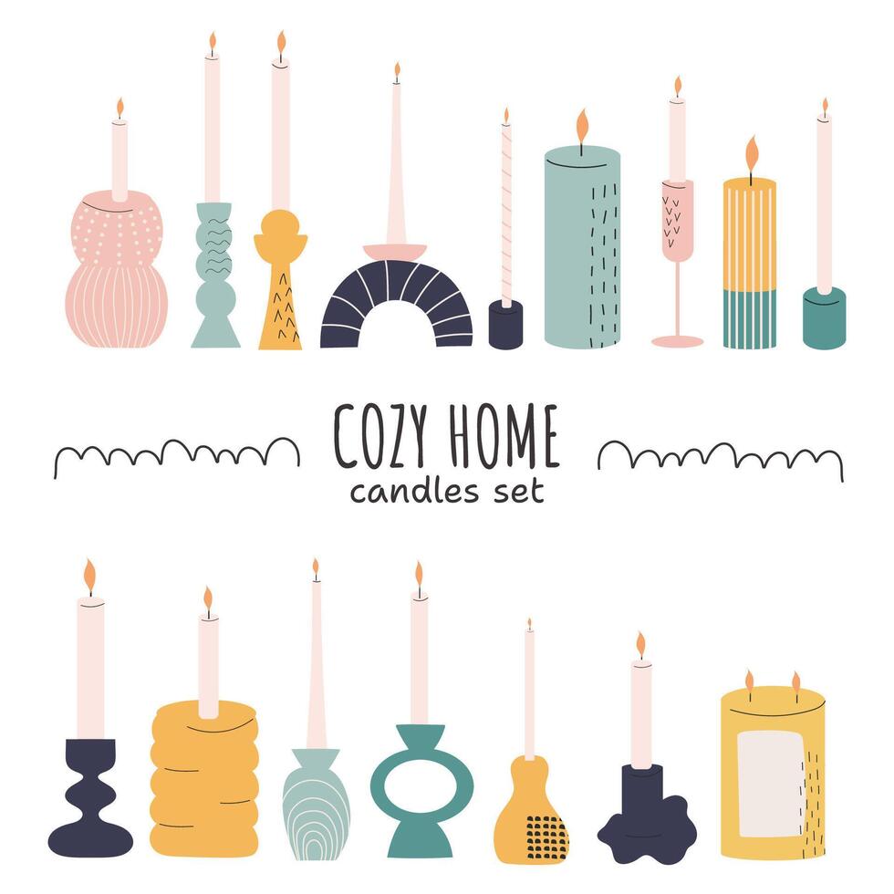 Handdrawn various candles different size and shapes. vector