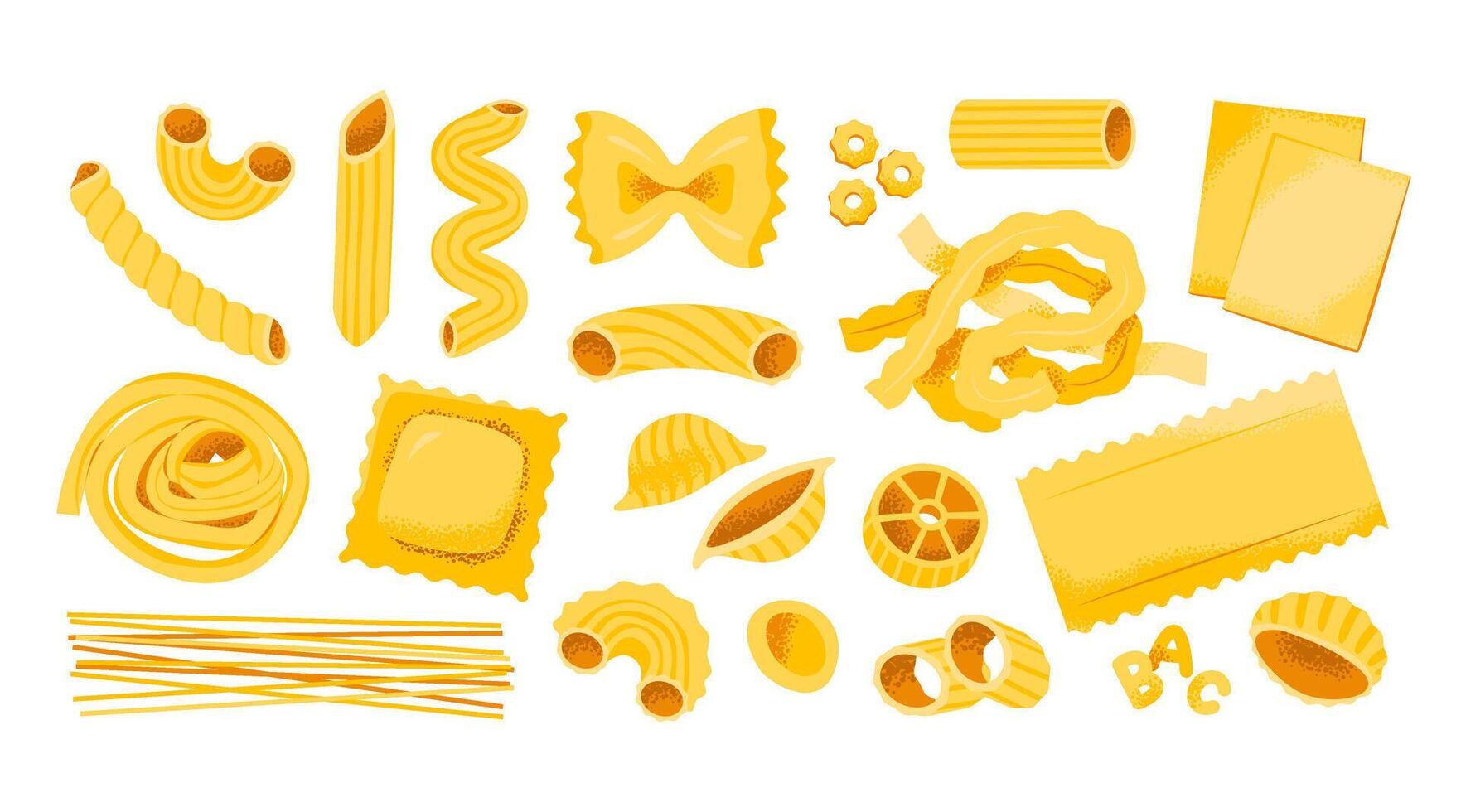 Various types of pasta set. Italian healthy cuisine. Different kind of classic pasta vector