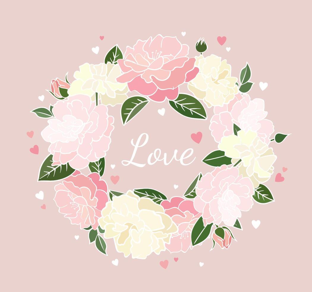 Card with word Love and rose circle frame with small hearts around. Floral illustration for Valentine's Day vector