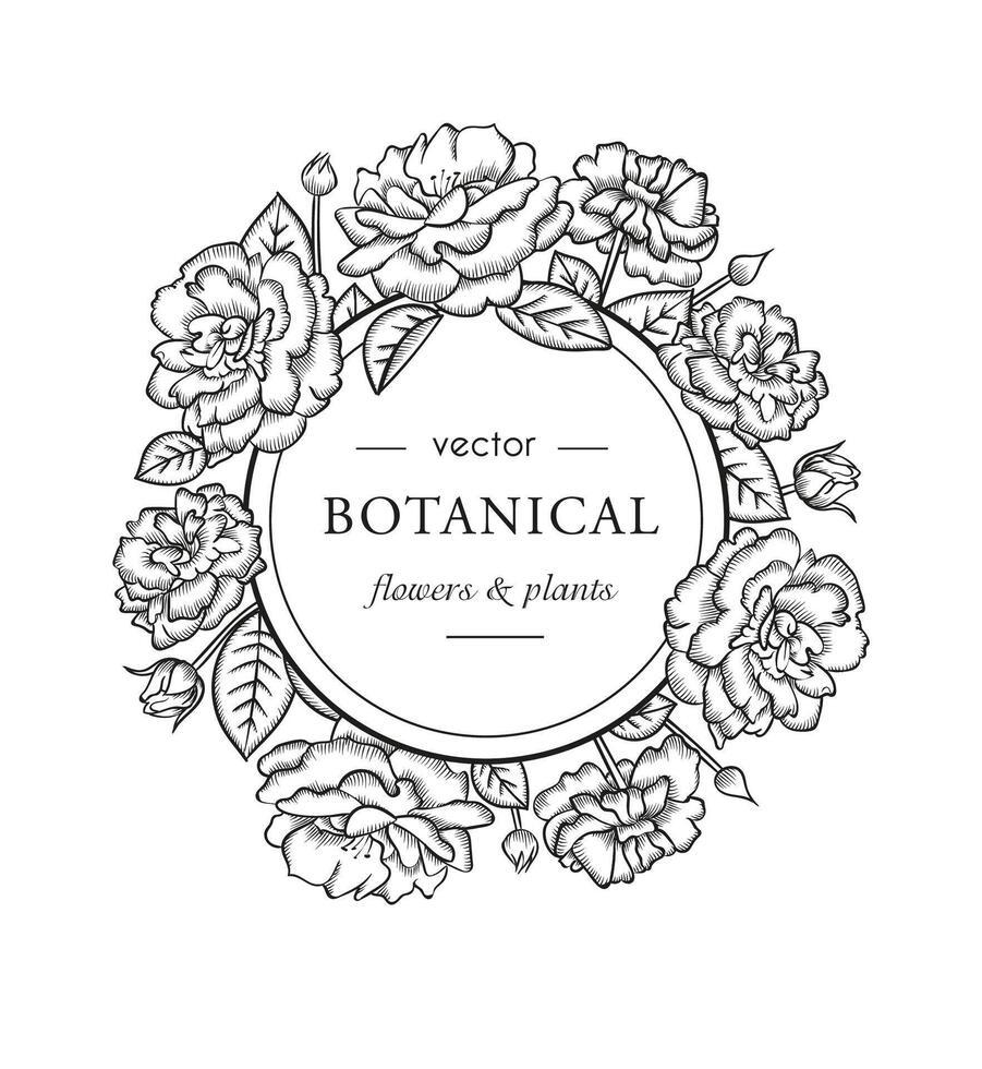 Postcard with beautiful graphic flowers. Black and white flowers, roses, and leaves in wreath illustration with text vector
