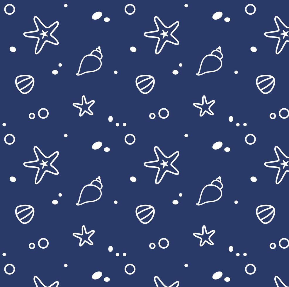 Starfish Seashells and Stones seamless pattern. Fabric, textile or wrapping paper design with marine theme. White line art on blue background vector